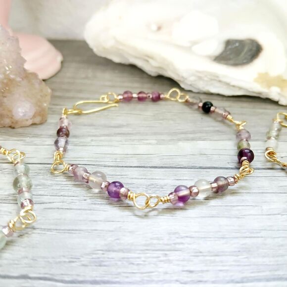 Rainbow Fluorite Crystal Beaded Bracelet, Gemstone Bracelet, 7" 1 PC - Picture 4 of 6